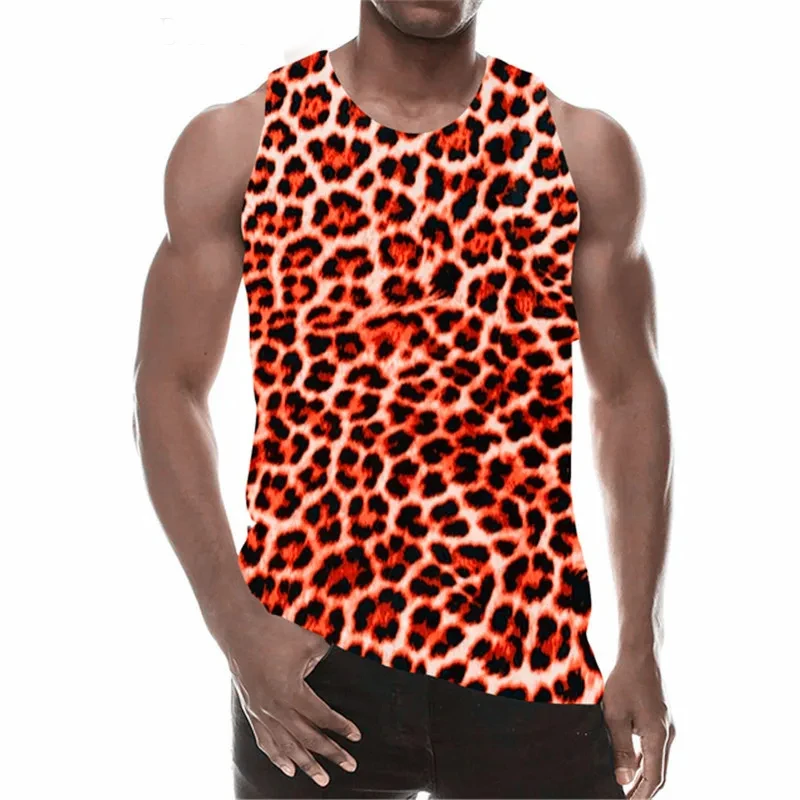 Fashion Leopard Print Men's Tanks Summer Sleeveless Streetwear Male Vest Clothing Casual Round-Neck Sportswear Gym Tops Hip Hop