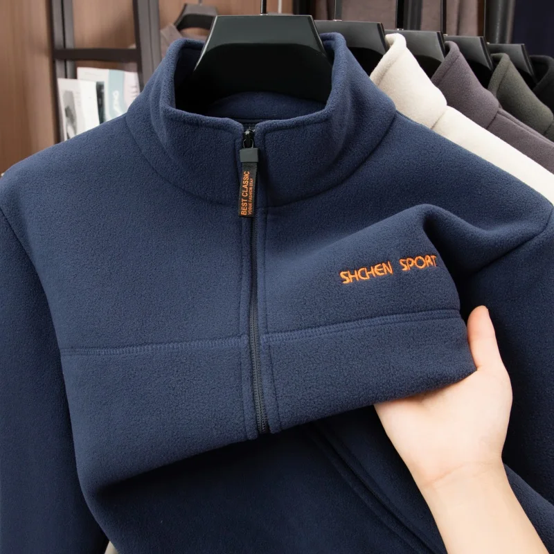 سترة رجالية فاخرة عالية الجودة شتاء جديد مبطنة بالصوف سميكة التطريز الساخن الوقوف طوق بلون سستة الترفيه MensTops #5