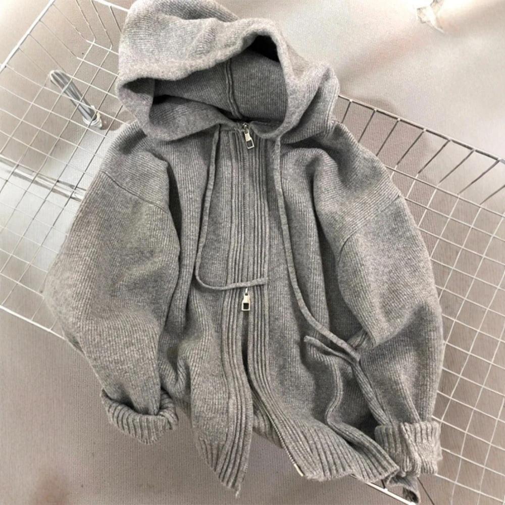 

Gray Hooded Knit Sweater Jacket Women Loose Spring Autumn Winter Outerwear Lazy Style Thickened Double Zipper Sweatshirt