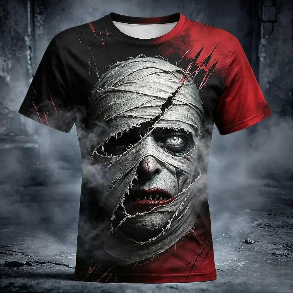 Vintage Men's Mummy 3D Evil Monster Print T‑Shirt Bloody Horror Dark Smoke Graphic Short Sleeve Halloween Street Tee Tops