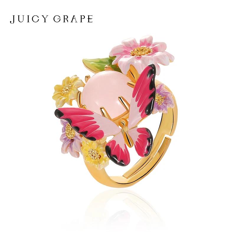 

JuicyGrape Butterfly Flower Gemstone Ring for Women Handmade Enamel Fine Jewelry 18K Gold Birthday Anniversary Christmas Gift