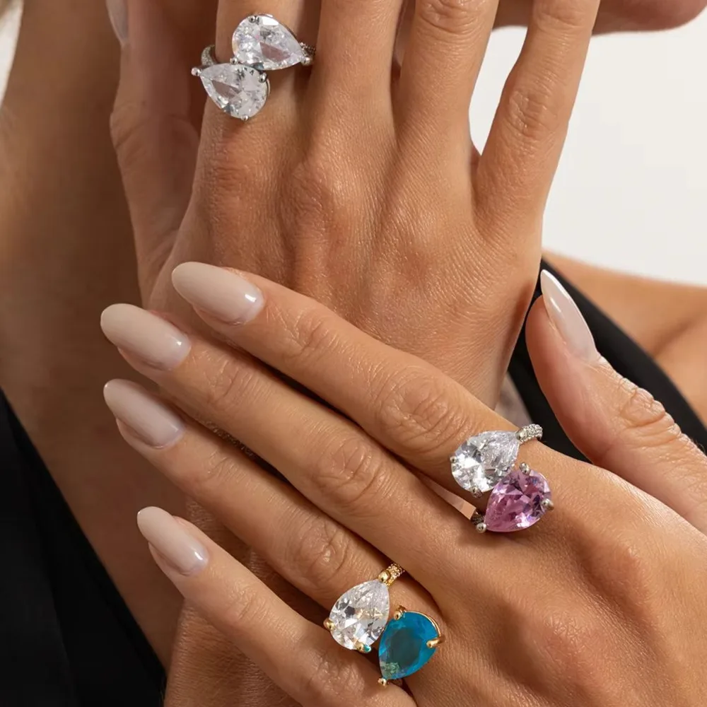 Ingemark Fashion Design Shiny Rhinestones Wide Ring for Women Vintage Stacked Waterdrop Adjustable Knuckle Rings Party Jewelry