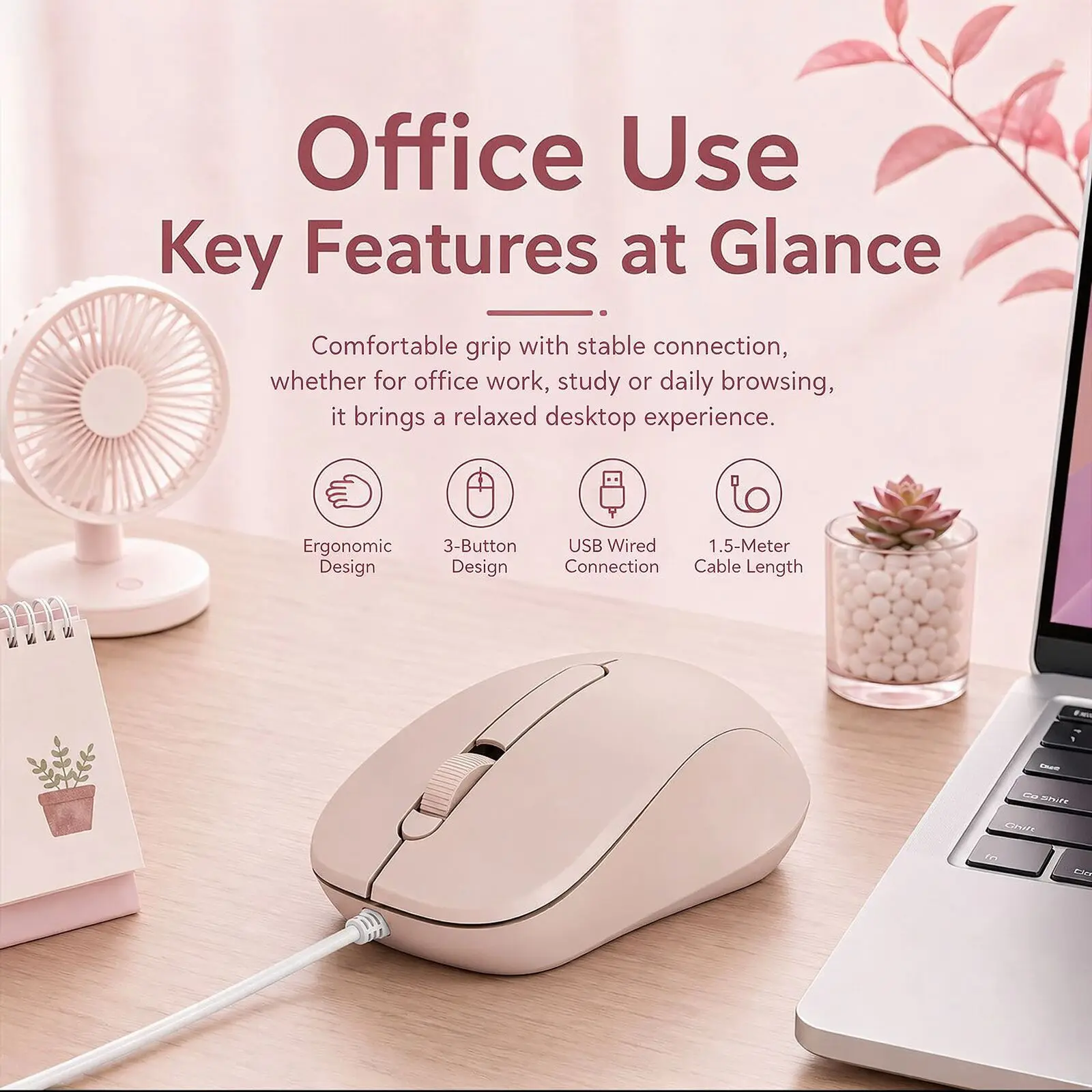 Wired Mouse 3 Buttons Design 1200DPI Optical Tracking 1.5M Cable Length Ergonomic Curved Shape Plug And Play USB Office Mice
