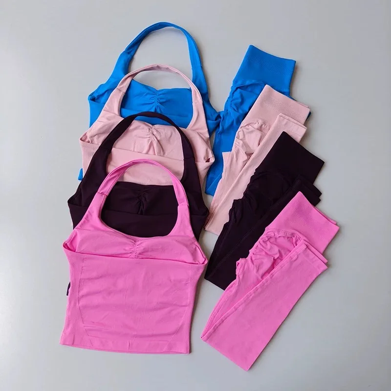 Yoga Pants High-Waisted Tummy-Control Hip-Lifting Sports Suit Women's Push-Up Shockproof Halter Neck Back-Slimming Fitness Set