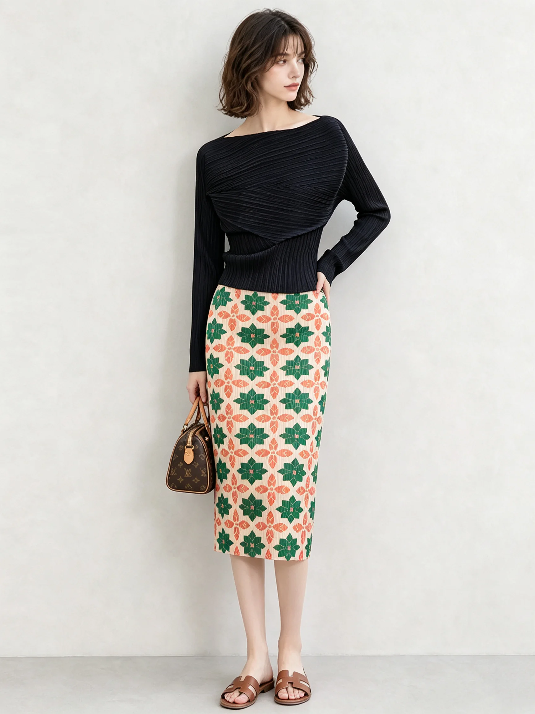 Casual Long Sleeve Printed Half Skirt Women's Design Slimming Fashion Set Three Zhae Wind Wrinkle T-shirt Polyester Fiber