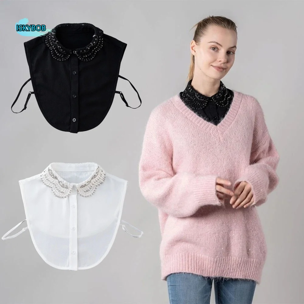 

Rhinestones Shiny Fake Collar White Color Lace Design Detachable Collar Handmade Beads Elegant Blouse Collar Vintage Style