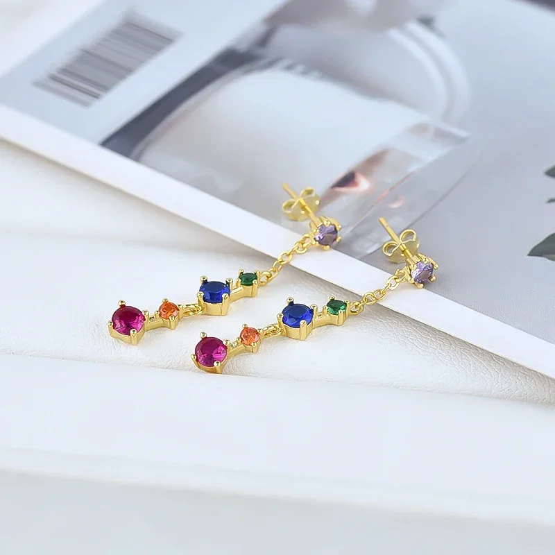 NEW 925 Sterling Silver Ear Needle Geometric Zircon Chain Hoop Earrings Colorful Crystal Pendant Earrings Luxury Fashion Jewelry