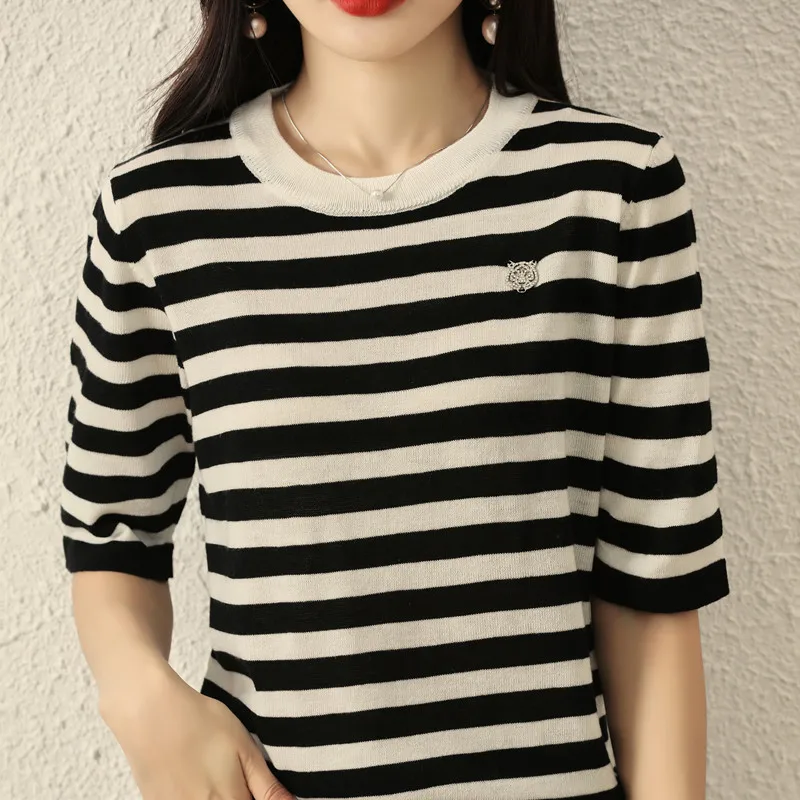 Cashmere Sweaters Short sleeve Women O-neck Striped Short sleeve Pullovers Women Sweater Cashmere