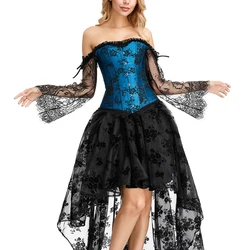 Gothic Corset Dress Plus Size Overbust Corset Dresses for Women Off the Shoulder Long Sleeve Wedding Dress Lace White Blue