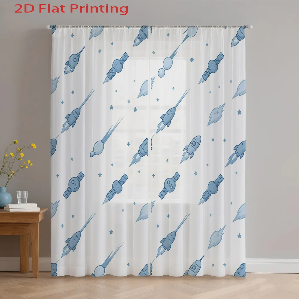 

2D FLAT 2pcs Sheer Curtains Rocket Spaceship Planet Star Moon Rod Pocket Window Drapes, Filtering Panels for Bedroom Living Room