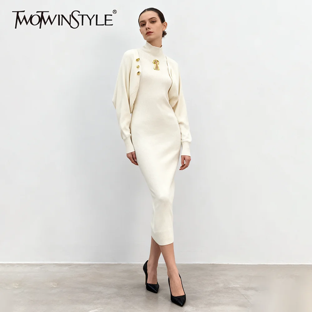 TWOTWINSTYLE Slimming Spliced Metal Buttons Dresses for Women Round Neck Sleeveless Dress Patchwork Shawl Elegant Dress Female