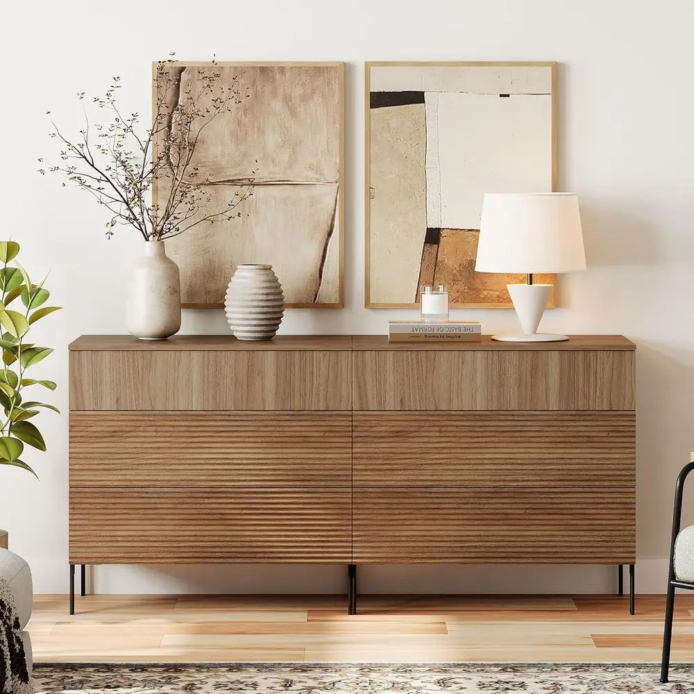 

Light Walnut 63 Wide Sideboard Buffet Cabinet with Storage and 6 Drawers, Multifunctional Wooden Bar Table for Coffee, Wine, Kit