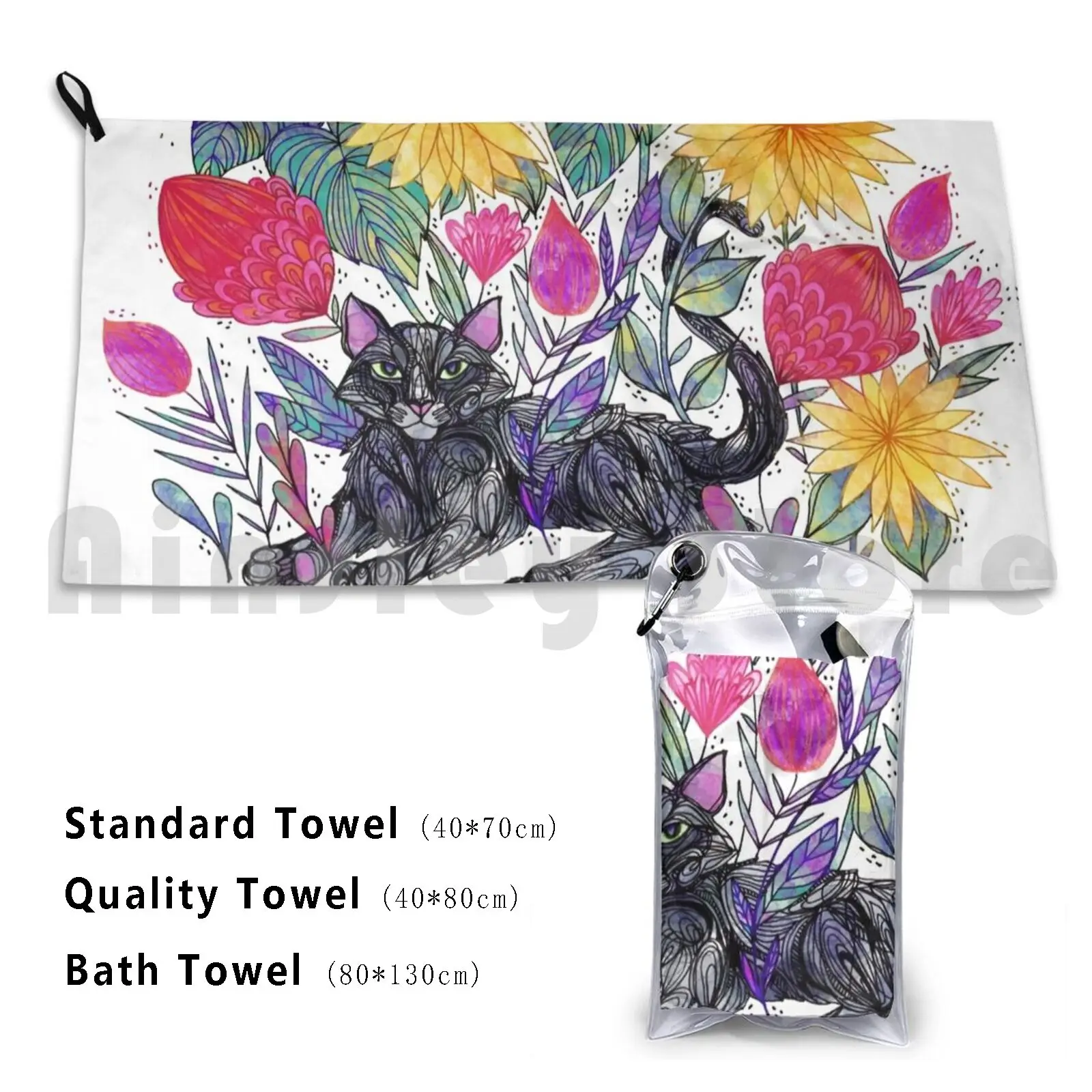 The Garden Custom Towel Bath Towel Cat Black Cat Garden Sunflower Sunflowers Gardens Kitty Flower Tulips