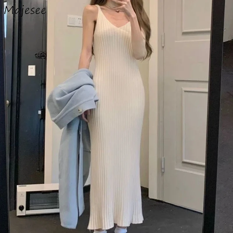 

Sleeveless Dresses Women Autumn Newly Chic Vintage Gentle Female Solid Slim Spaghetti Strap Leisure Ulzzang Fashion Knitted Ins