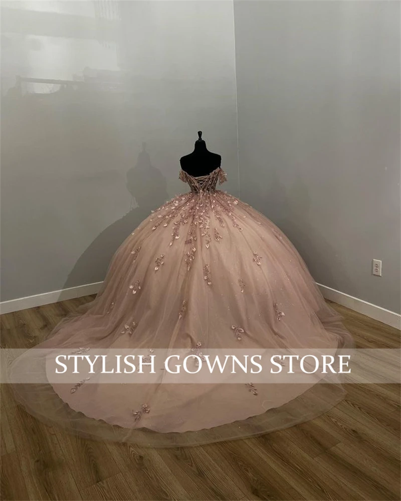 Pink Off The Shoulder Ball Gown Quinceanera Dresses For Girls Beaded 3D Flowers Birthday Party Gowns Lace Up Back Customized