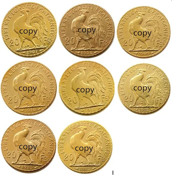 

A Set Of (1907-1914) 8pcs France 20 Franc Rooster Gold Plated Copy Coin