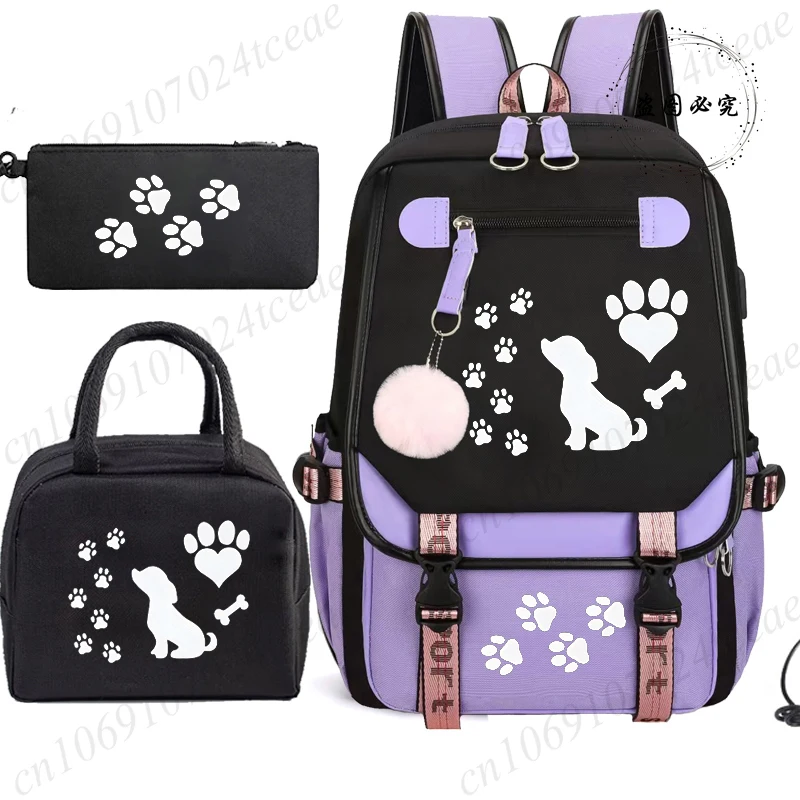 Cartoon Dog Print Backpack Lunch Bag Pencil Case Set Back To School Bag Fashion Student Schoolbag Pen Case Bento Pouch Suit Gift