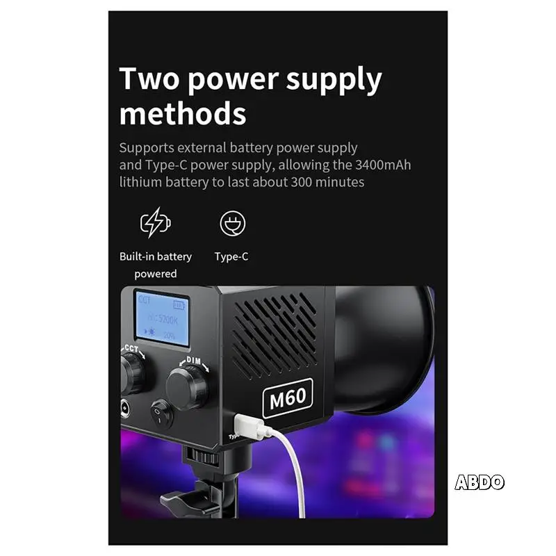 

M60 Handle Photo Studio Light COB Bi-Color CCT 2500-6500K CRI Greater Than Equal 95 TLCI Greater Than Equal 97 EU PLUG