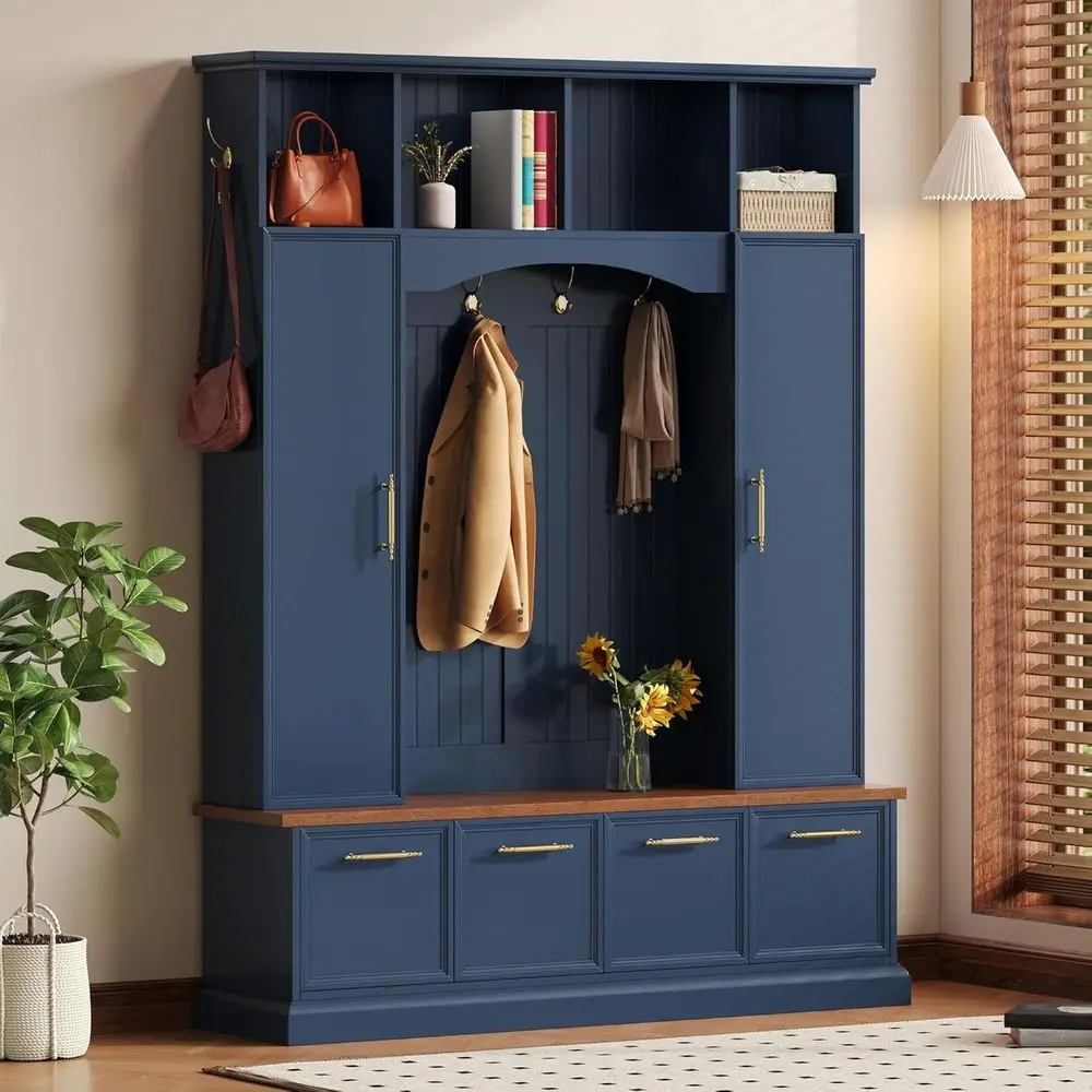 

Прихожая тумба-шкаф с регулируемыми полками и крючками - 59 Ш x 76.7 В, с сиденьем или местом для хранения пальто и обуви, синяя