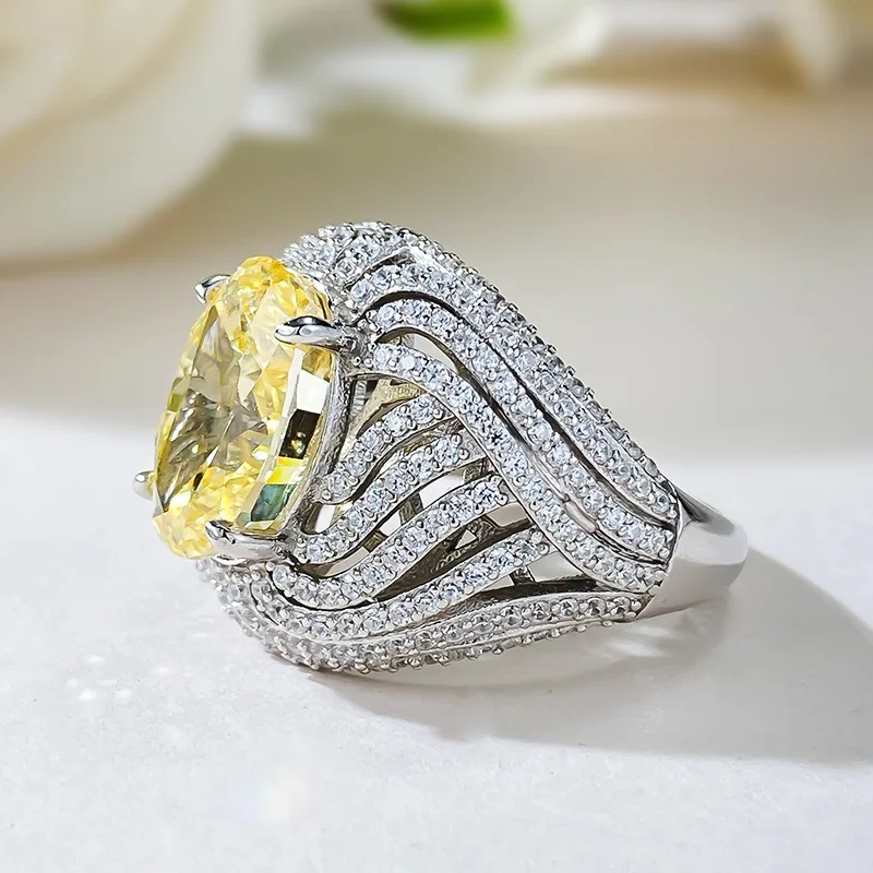 S925 Silver Ring Egg shaped Brilliant Yellow Ice Flower Cut 8 * 12 High Carbon Diamond Ring, Small and Unique Design Ring