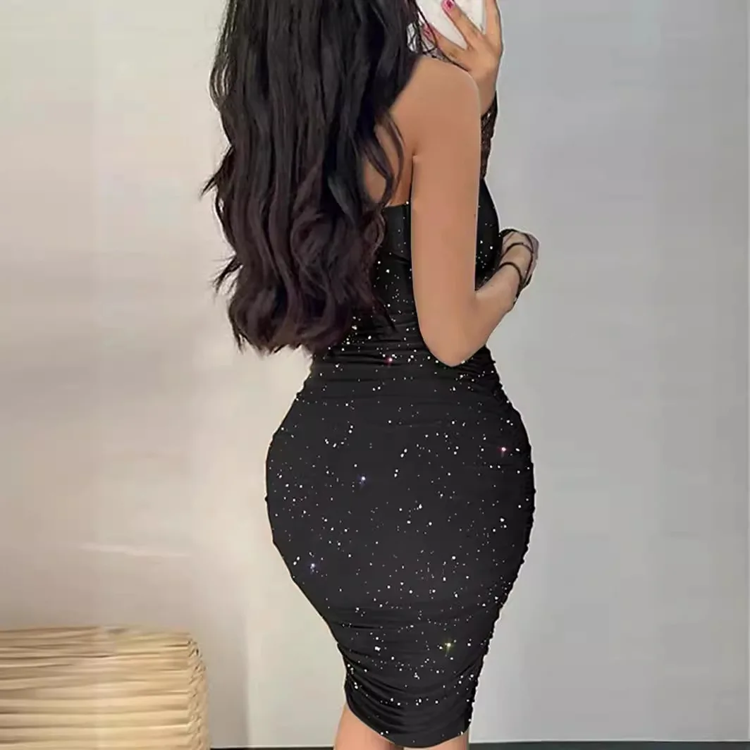 Sleeveless Dress Women's Clothing Spring 2024 Fashion Hanging Neck Hip Wrap Skirt with Backless Sexy Glittering Sequins Dresses