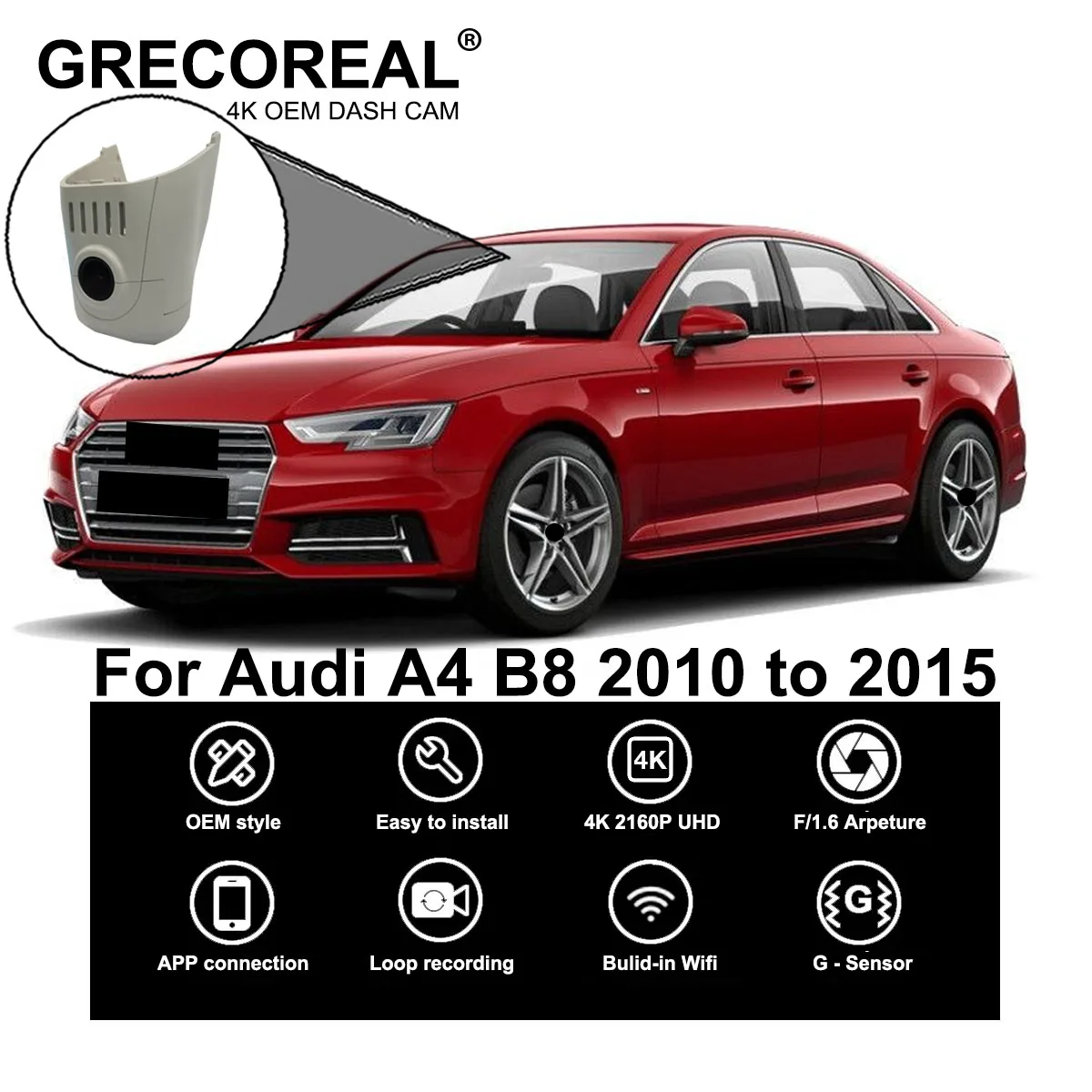 

GRECOREAL 4K Dash Cam Front and Rear 2160P WiFi Car Dual Dashcam APP Control Easy Install Plug Play Compatible with Audi A4 B8
