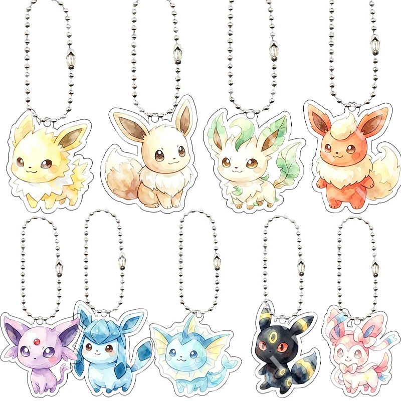 

Anime Cartoon 5cm Eevee Jolteon Leafeon Sylveon Glaceon Family Watercolor Style Acrylic Keychain Key Ring Pendant Gifts Decor