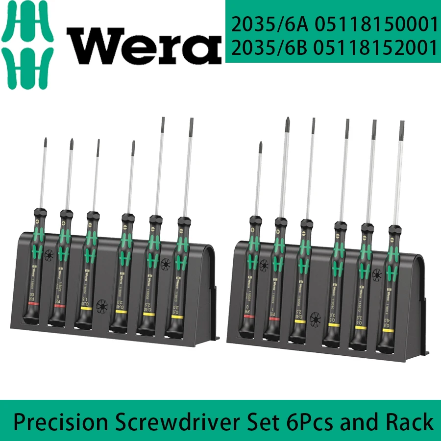 WERA 05118150001 05118152001 Precision Screwdriver Set 6Pcs and Rack for Electronic Application Anti-roll wrench 2035/6A 2035/6B