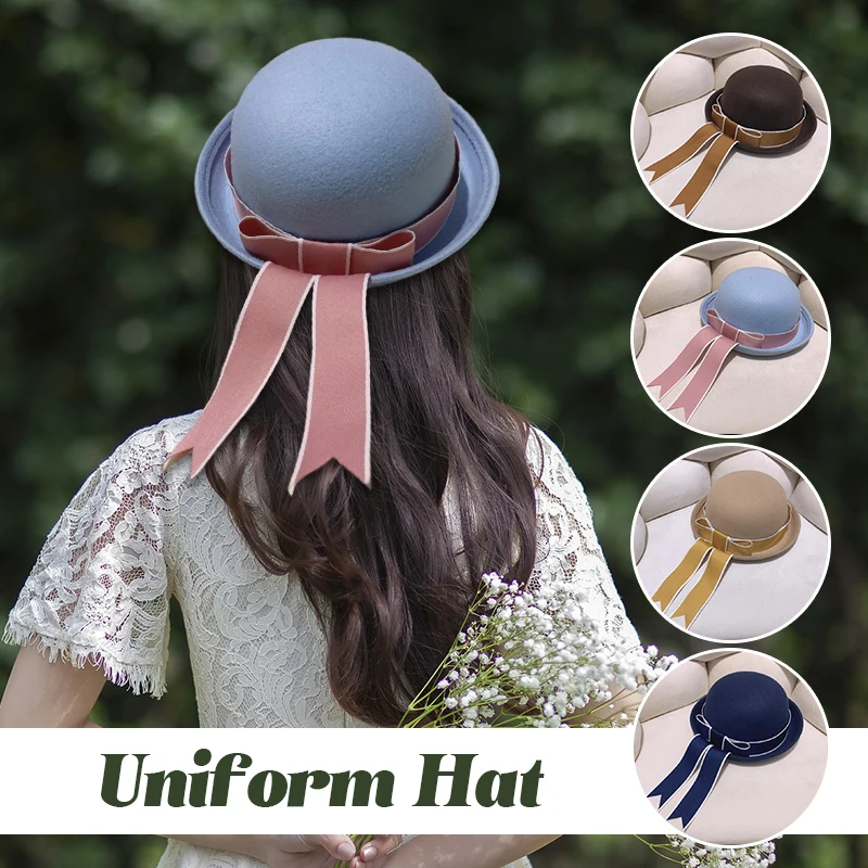 

Japanese JK Uniform Hat Women's College-style Bow Ribbon Sailor Hats Fashion Kawaii Cute Decorative Bowler Tweed Ribbon Hat