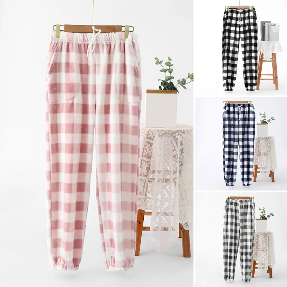 Plaid Pajama Pants Cozy Winter Plush Pajama Pants with Elastic Waist Plaid Print Unisex Homewear Trousers for Keeping Warm