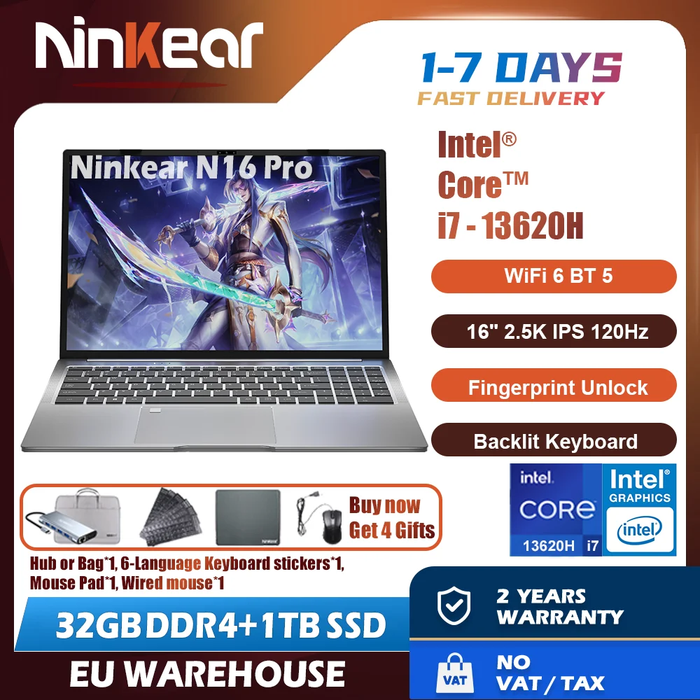 Laptop do gier Ninkear N16 Pro z procesorem Intel i7-13620H z 13 generacji, 16-calowy ekran 2.5K IPS 120Hz, 32GB DDR4 + 1TB SSD, WiFi 6, odblokowanie odciskiem palca.