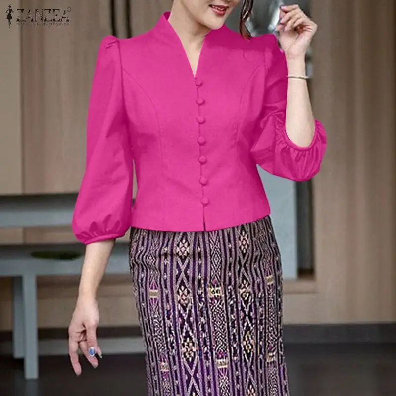 

Женские элегантные короткие рубашки ZANZEA с V-образным вырезом, рукавами-фонариками 3/4 и пуговицами, однотонные топы, стильная одежда для вечеринок