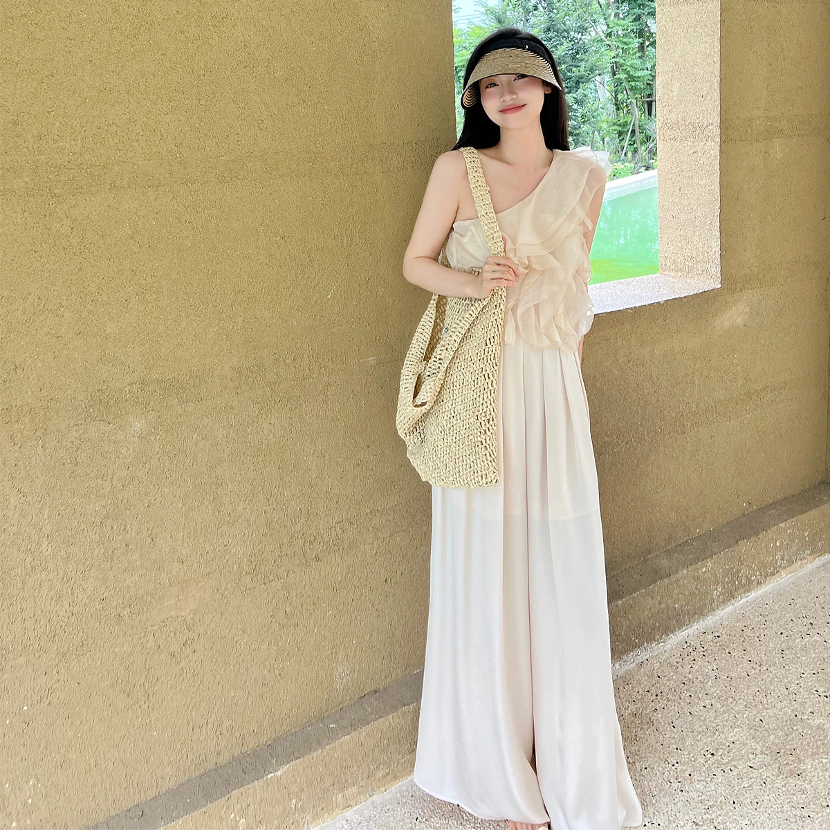 

FPO Summer Thin Casual Loose Pants Women's High Waist Wide Leg Pants OL Sle Commute Folded Polyester Fiber Long Pants