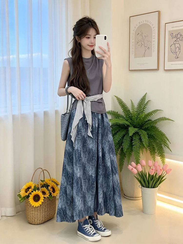

Gray Sleeveless Gradient Skirt Set Fashionable Youthful plus Size Women's Loose Fit Comfortable Summer Outfit High Waist Long...