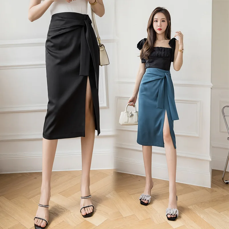 

Lady Elegant Knotted Wrap Skirt Strap Tie Side Slit Lace Up Slim Fit Pencil Skirt Office Wear Spring Summer Midi Skirt