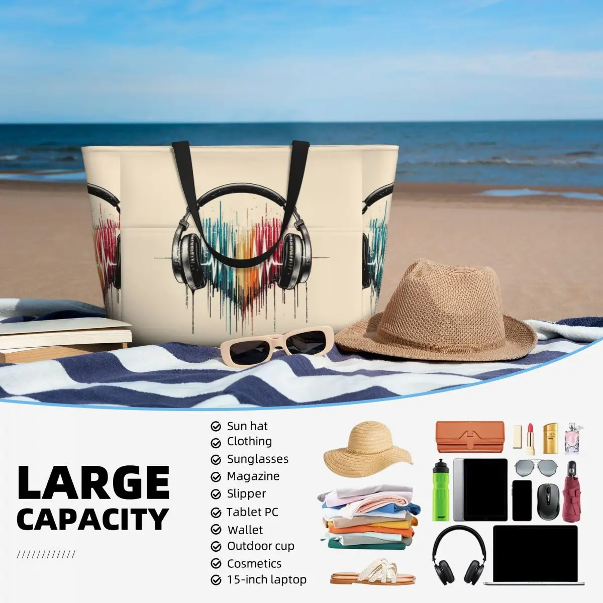 Nota musical en forma de corazón con auriculares, bolso de playa, deporte, gimnasio, Yoga, bolso de mano grande, bolso de viaje para mujer, bolso de Fitness