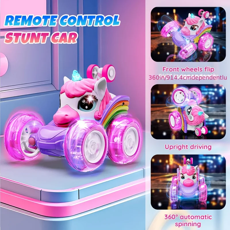 

A remote control car girls, featuring 360° rotating four-wheel drive stunt car, cute lights, and rechargeable toy.