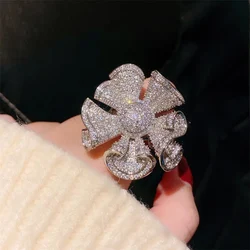 Super Shine Big Rings For Women Exaggerated Large Flower White Zircon Fine Jewelry Finger Ring Luxury Party Accessories