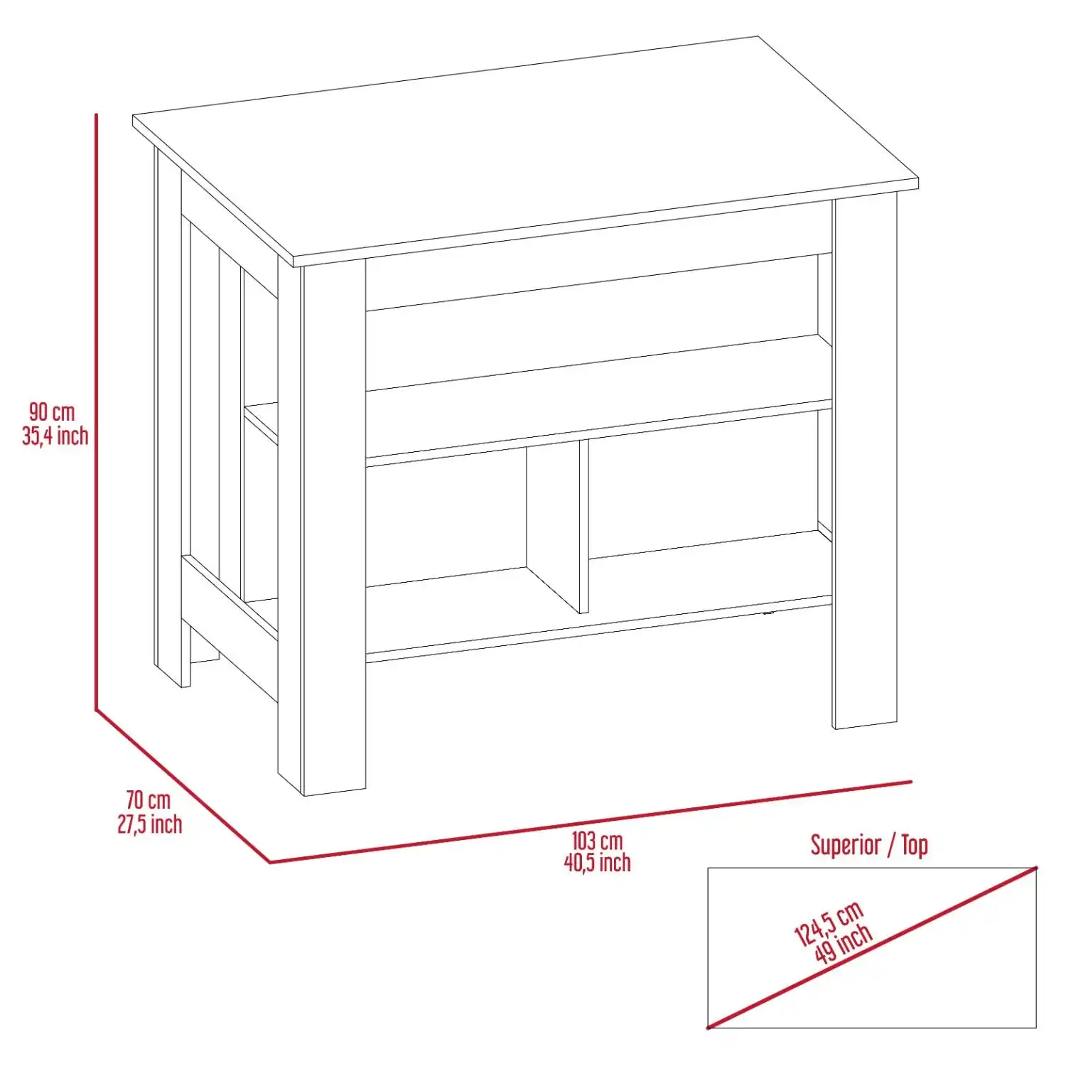 Cala Kitchen Island, Four Legs, Three Shelves  White / Walnut