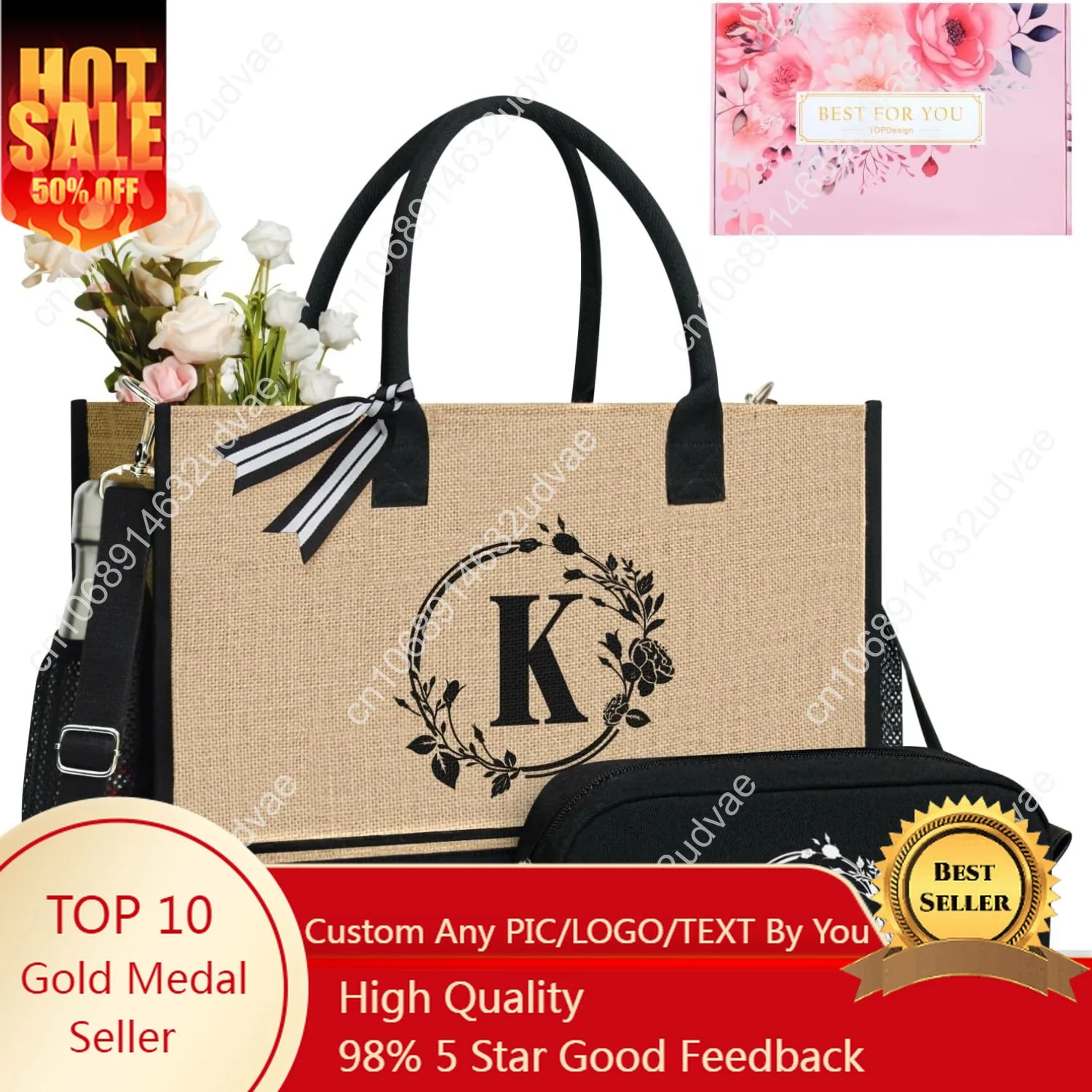 TOP Design Personalized Initial Canvas Tote Bag, for Wedding, Birthday, Beach, Perfect Gifts for Women, Mom, Teachers, Friends