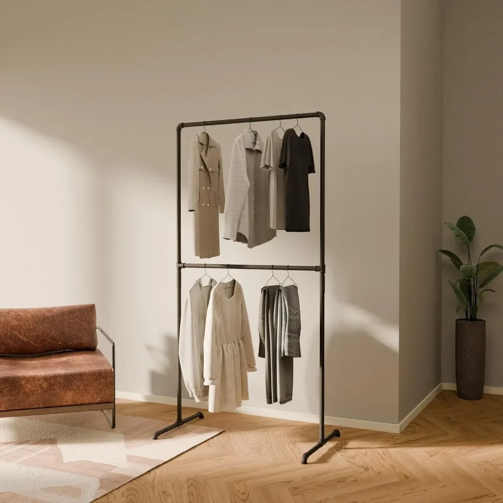 

Industrial Pipe Clothing Rack with Shelf - 130 lbs Capacity - Free Standing Clothes Rack and Walk In Closet for Wardrobe