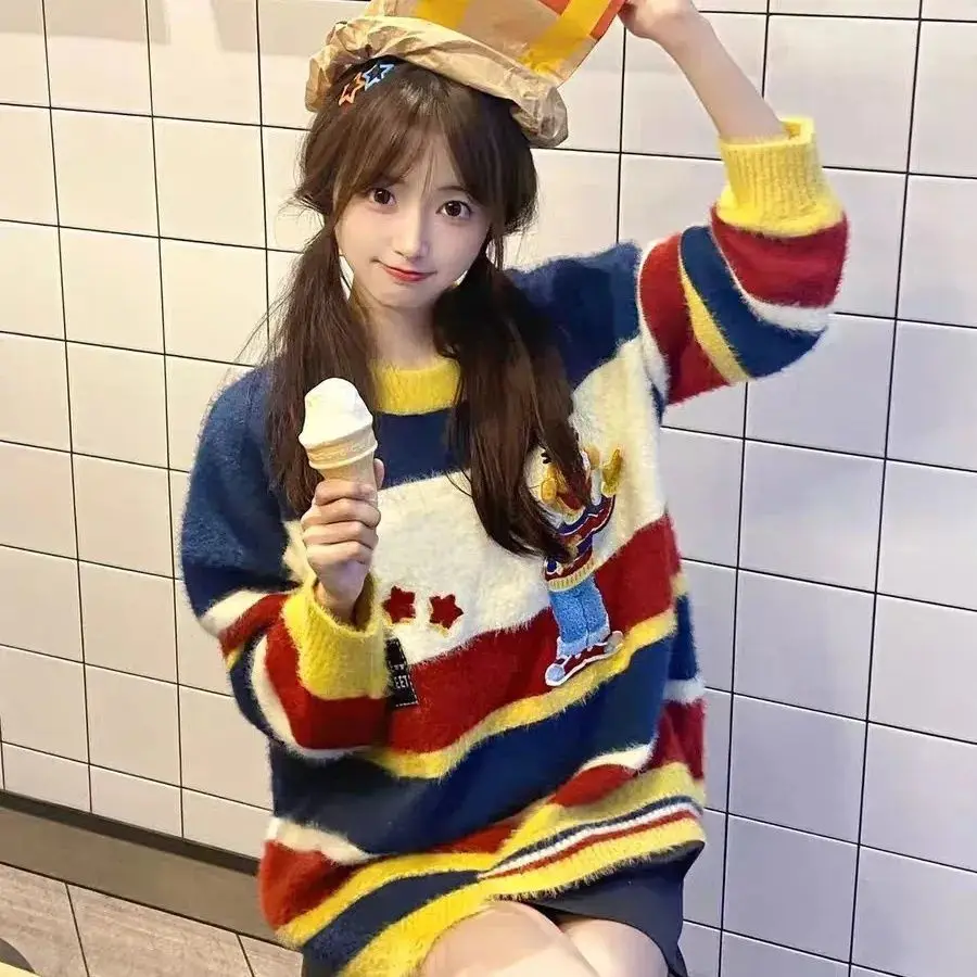 

Design Sense Contrasting Colors Retro Knitted Color Striped Sweater, Women's Autumn And Winter Dopamine Outfit Loose Small Top