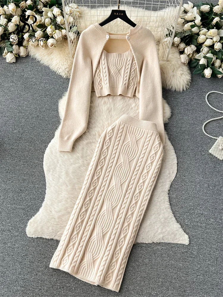 Autumn Skinny Knitted 3 Piece Set Women Cardigan Long Sleeves Smock+Tank Tops+Bodycon Skirt Female Solid Gentle Sweater Suits