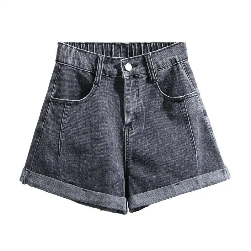 Smoke Grey Curled Denim Shorts Women\'s Summer 2023 New Elastic Waist Elastic Slim Fit Wide Leg High Waist A-line Hot Pants