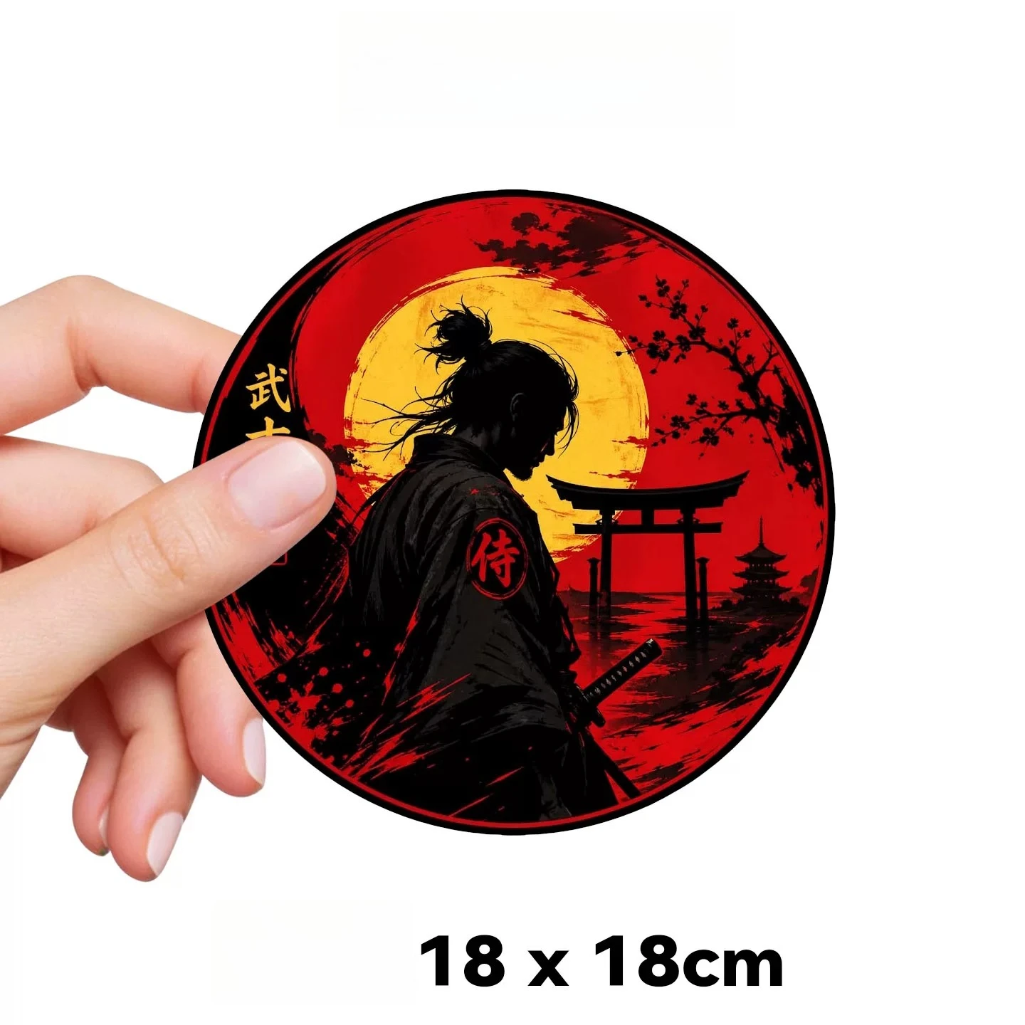 Creative Round Japanese Samurai Vinyl Reflective Sticker, Self-adhesive Decor for Auto Body, Motorcycle Helmet, Notebook Laptop