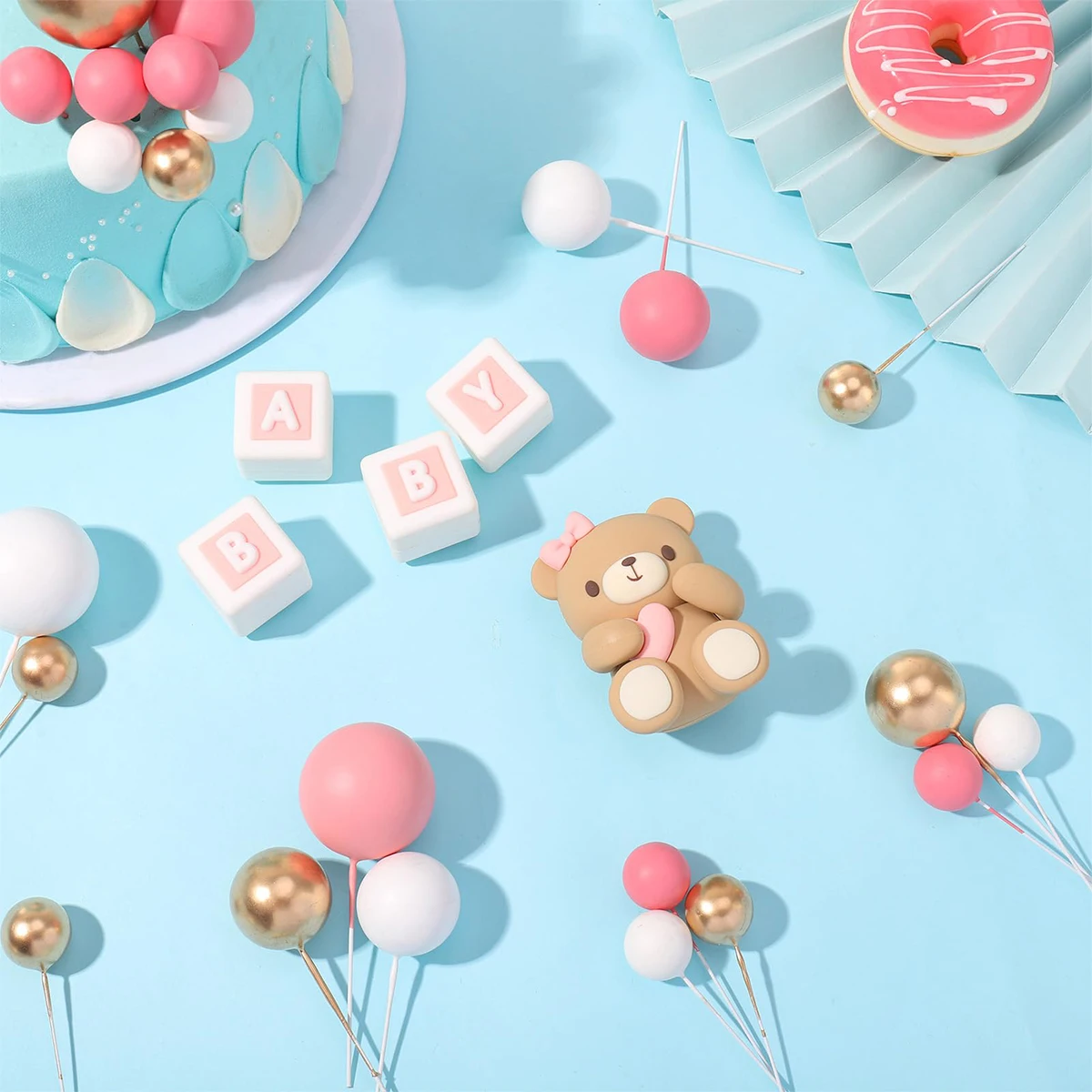 Rosa Bären-Kuchendekoration, Bären-Babyparty-Kuchenaufsatz, Bären-Zug-Kuchendekoration, Babyparty-Geburtstagskuchendekoration – Detail 3