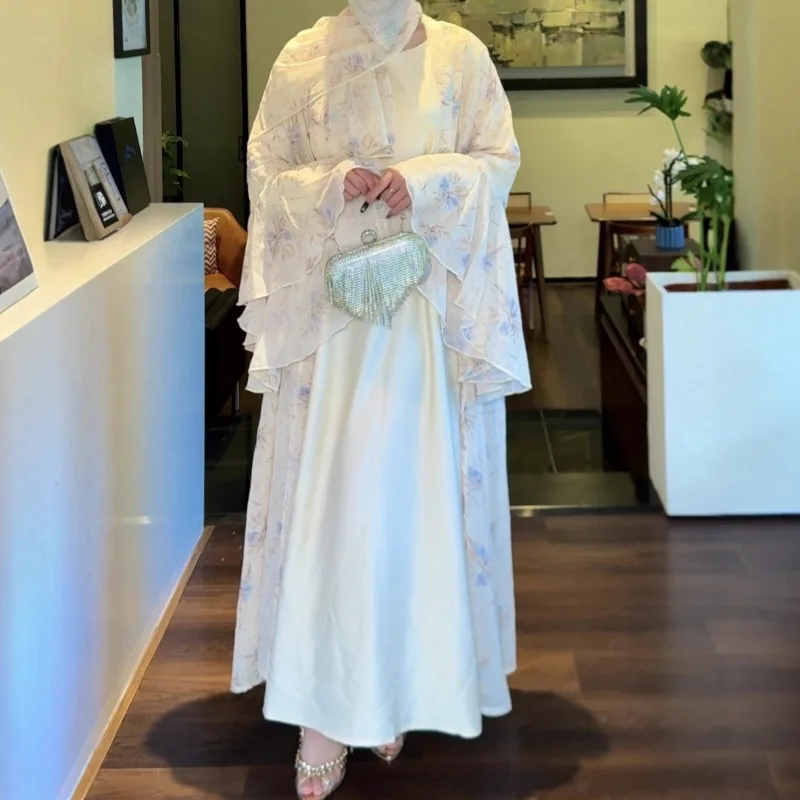 

Party Dresses 3 Piece Set for Women Muslim Abaya with Scarf Long Cardigan Robe Vestidos Sashes Dubai Abayas Eid Ramadan Jalabiya