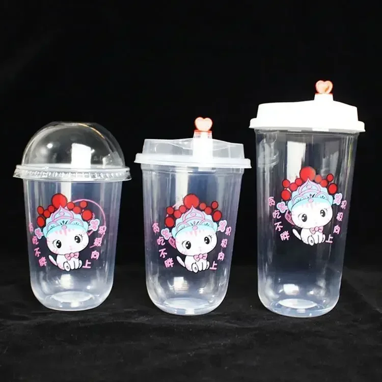 100pcs 90mm Caliber Thick U-shaped Cup Disposable Lidded Beverage Ice Cream Sundae Mug Beijing Opera Cat Pattern Plastic Cups