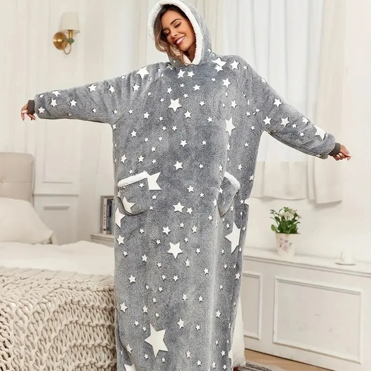 

Winter New Gray Star Lengthened Lazy Blanket Warm Padded Thickened Casual Home Hooded Pullover Loose Women Homewear Pajamas
