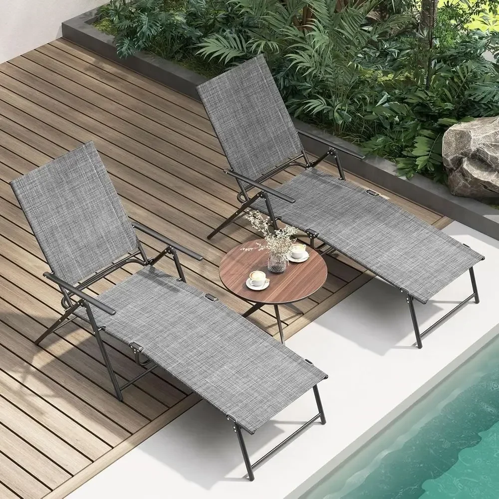 2-Piece Outdoor Lounge Set: Adjustable Tanning Chairs with 6-Position Backrests, 2-Level Footrests, Grey